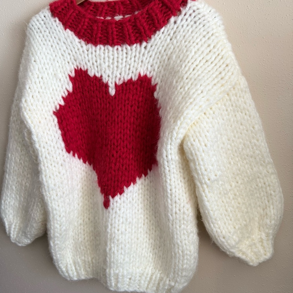 Handmade Heart Sweater Chunky Knit Red Heart Cream Pullover Cottagecore - Picture 2 of 4